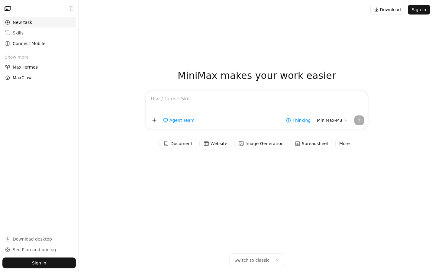 หน้าแรกของ agent.minimax.io